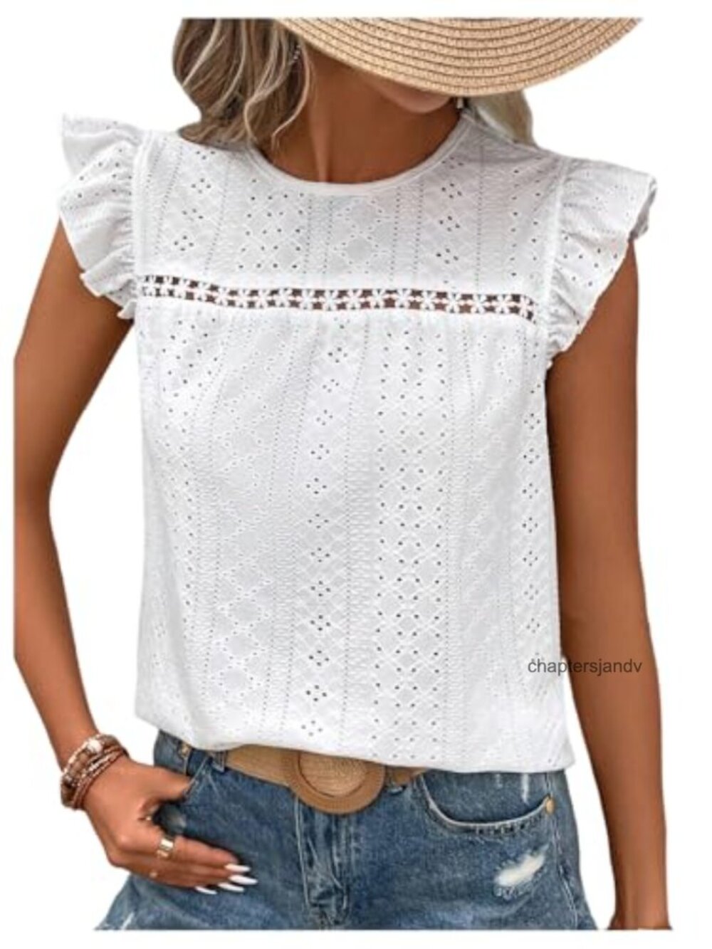 Boho Eyelet Ruffle Cap Sleeve Crew Neck Flutter Tee Top